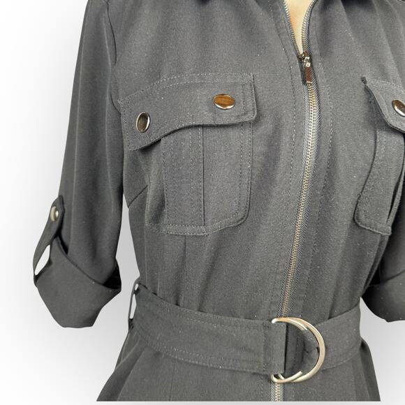 Sharagano Black Front Zip Dress with Cinch Waist Belt Cuffed Sleeves Size 4 - Picture 7 of 13